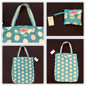 Cath Kidston London Blue White Polka Dot Fold Away Shopping Tote Bag 14 x 17 NEW